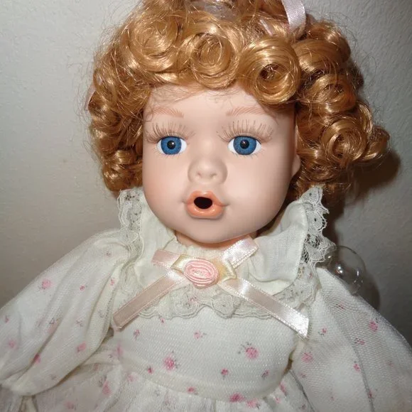 Blowing Bubbles Porcelain Doll with Wand & Bubbles and Seat To Sit On 15 Inch - Picture 5 of 10